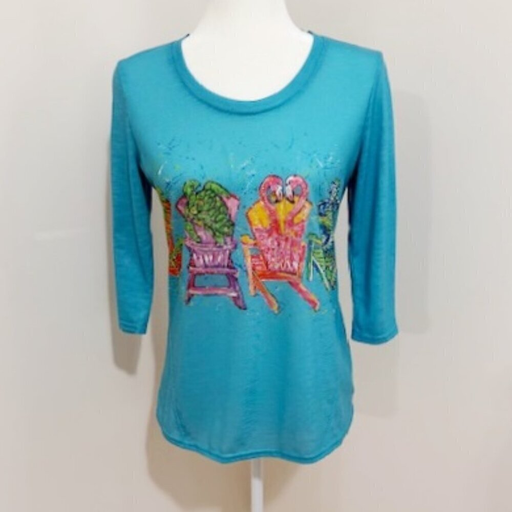 Leoma Lovegrove Teal Top 3/4 Sleeves Coastal Chair Beach Design Size Petite S